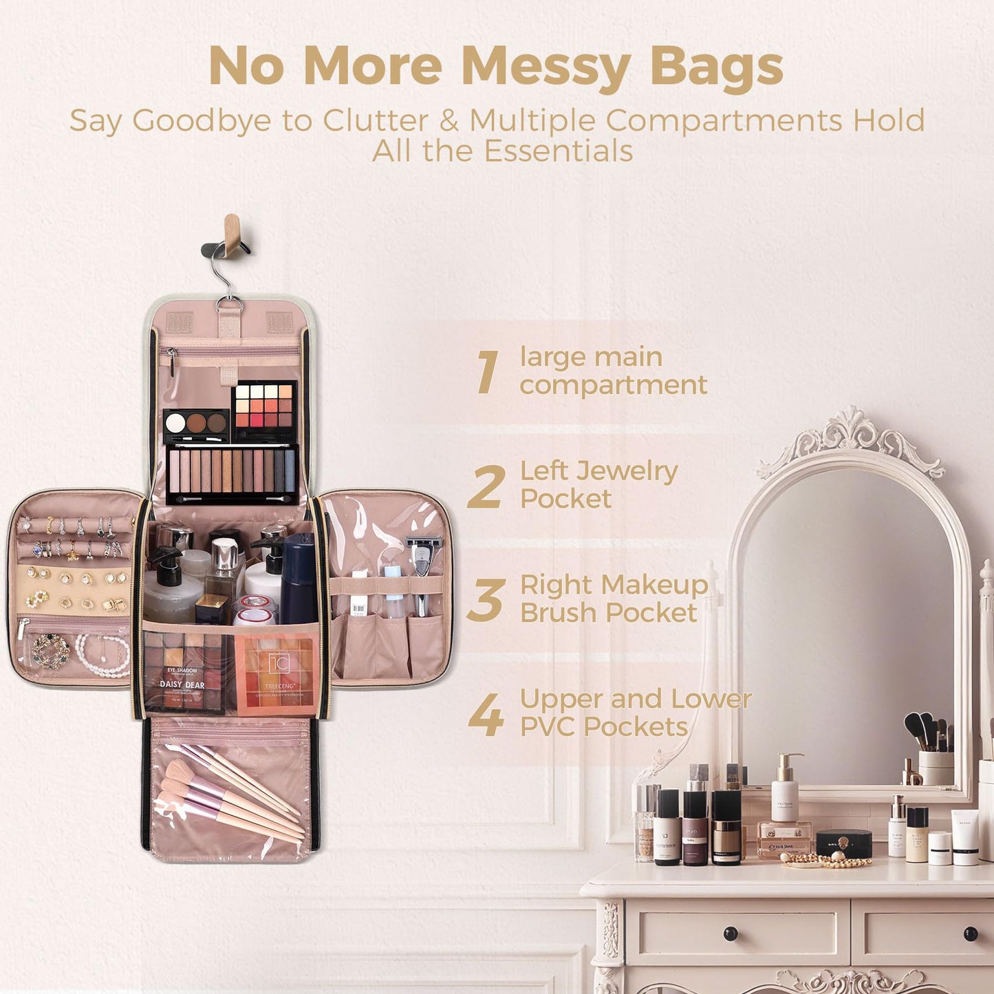 TBTOTRA Hanging Toiletry Bag & Makeup Bag for Women with Jewelry Organizer - TSA Approved Large Capacity Travel Cosmetic Organizer, Waterproof Shower Essentials Case with Transparent Pockets, Beige