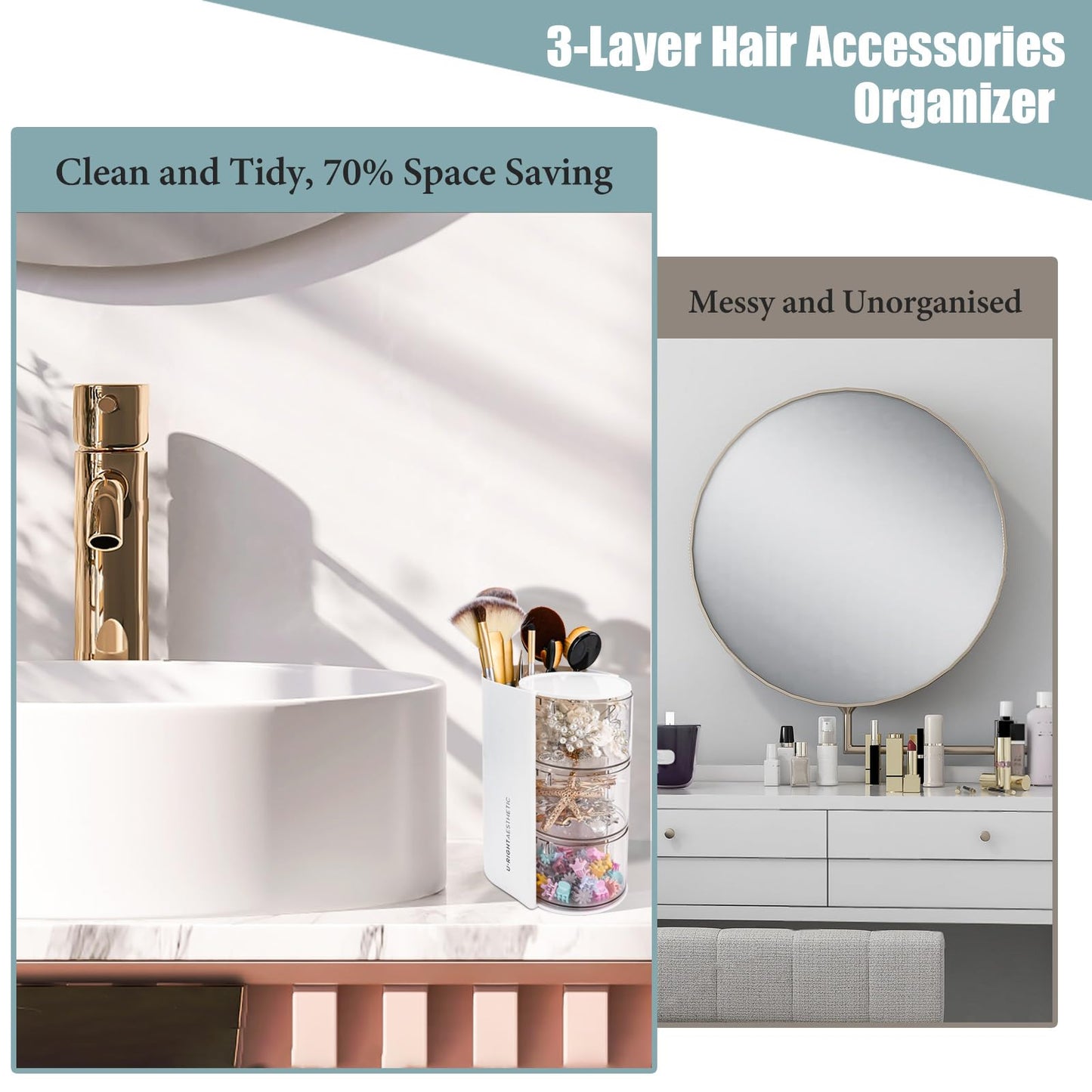 WCHOSOZH 3-Tier Clear Hair Accessories Organizer with Hair Brushes Holder, Rotatable Drawer Makeup Sponge Holder Desktop Organizer Case for Makeup Brush Lipsticks Q-tip Cotton Swab Stationery (White)
