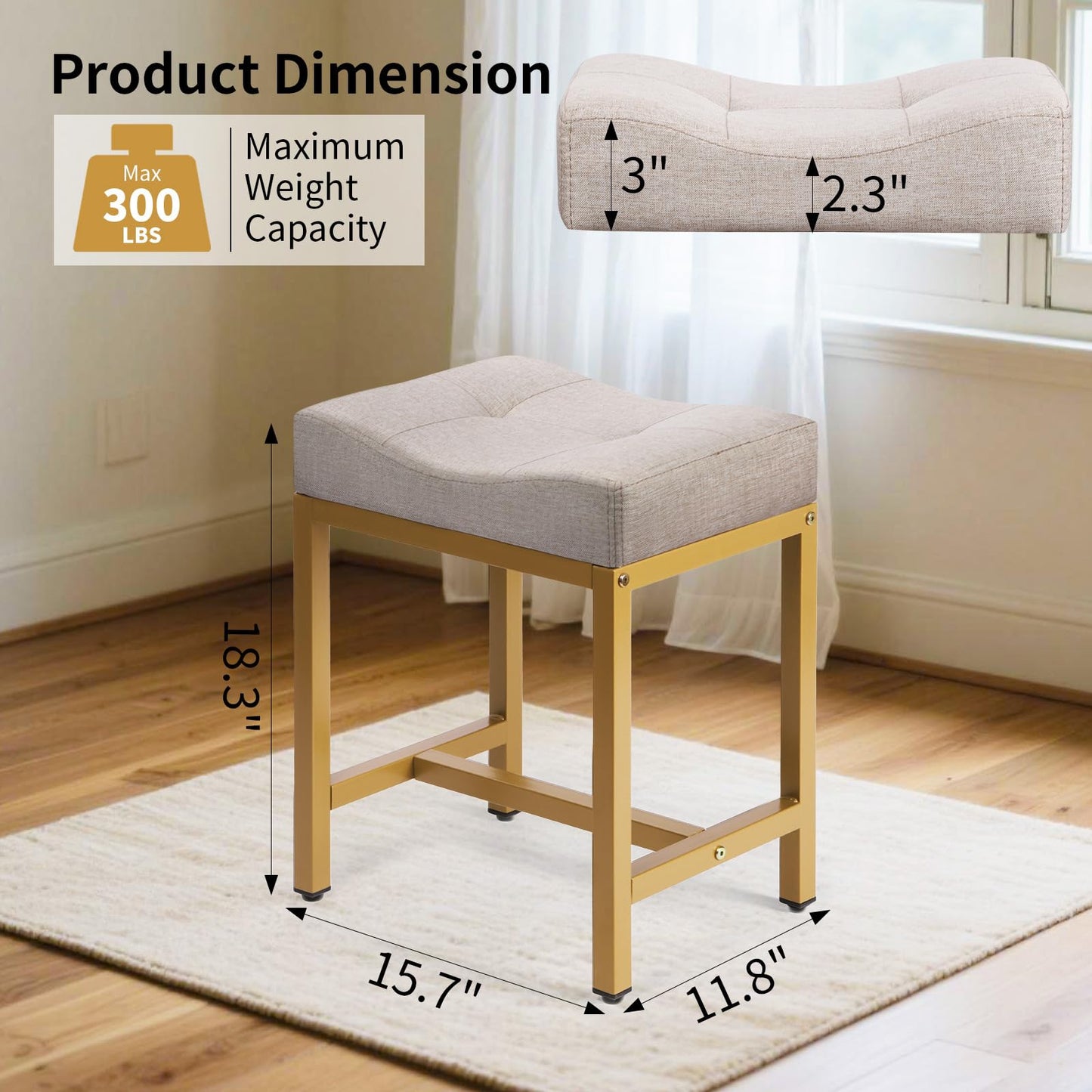 FLYZC Saddle Seat Vanity Stool, Makeup Stool Chair with Metal Leg, U-Shaped Ottoman Foot Rest, Small Square Chairs Under Desk for Vanity, Living Room, Modern Makeup Bench Linen Light Brown&Gold