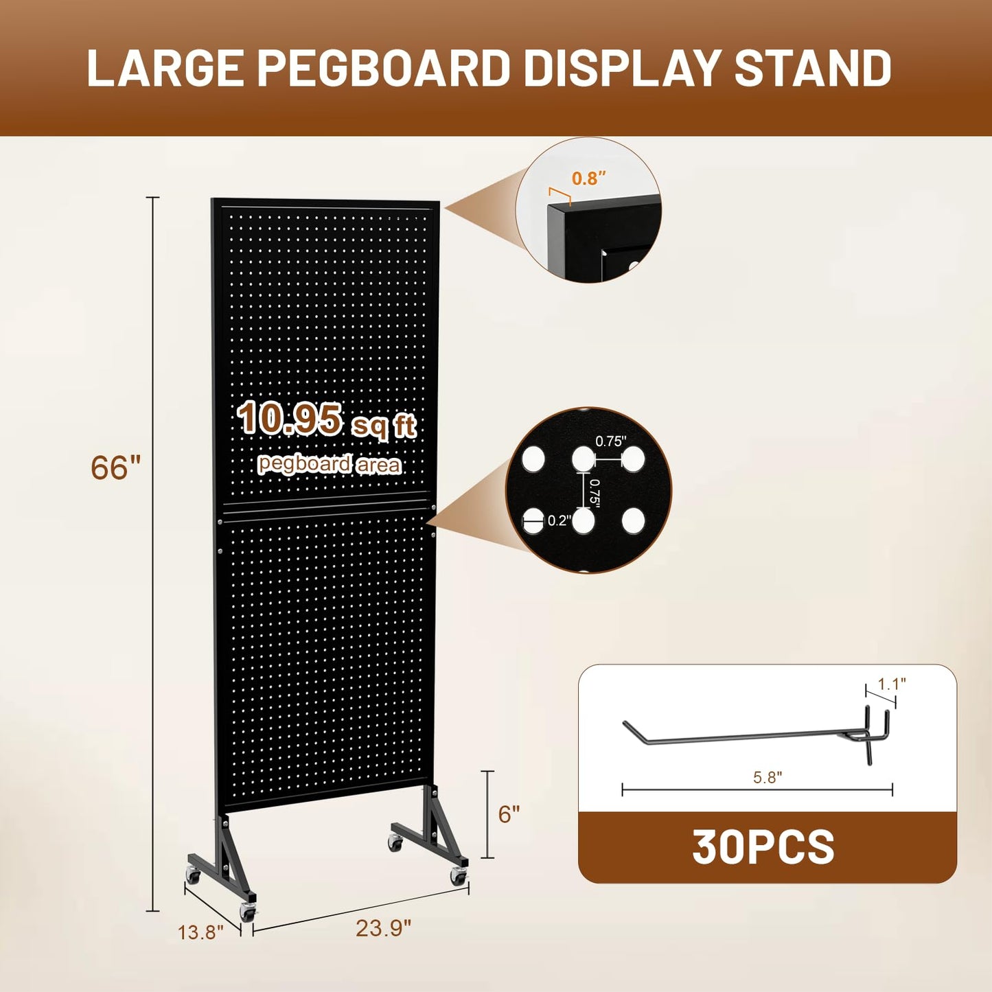 UEAKPIC Metal Pegboard Display Stand 66" x 24”, Pegboard Shelf with 30 Hooks, 4 Wheels and 4 Leveling Feet, Peg Board Panels Display Rack for Retail Store, Craft Show, Garage, Jewelry Organizer, Black
