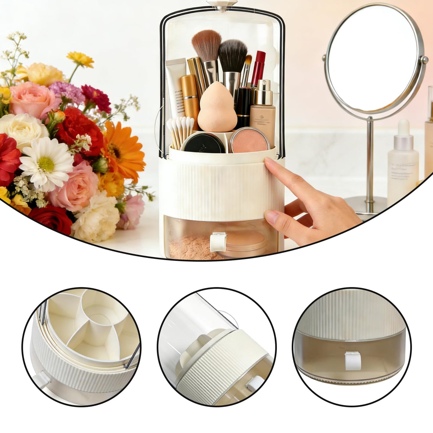 DHSUN Makeup Brush Holder With Lid, 360° Rotating Makeup Brush Organizer With Drawer, Toothbrush Holder With Cover & 7-Compartment (White)