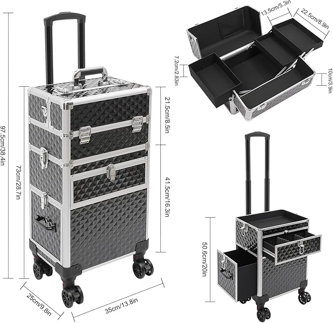 Makeup Train Case With 360° Rotation Wheels Multi-Functional Cosmetic Trolley with Drawer Large Storage Traveling Cart Trunk Black for Nail Technicians Hairstylist