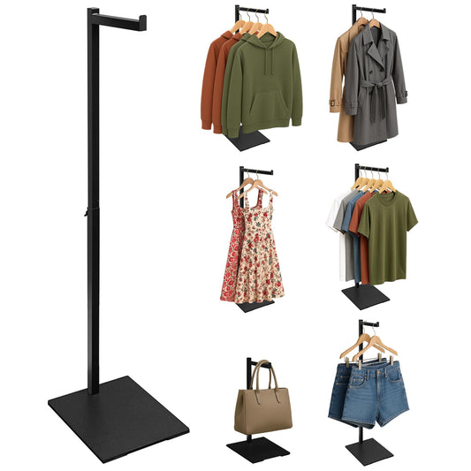 koretech Standing Clothes Rack, 21" - 36" Height Adjustable Clothes Hanger Rack Stand, Metal Clothes Rack, Clothing Display Rack, Garment Display Stand for Thrift Shops and Retail Store, Black, 1Pack