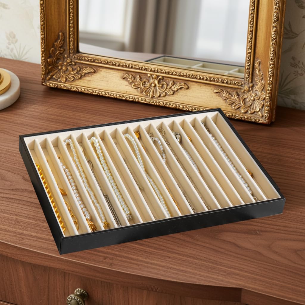 KATISYIO Large Jewelry Organizer Tray, Stackable Jewelry Storage Holder PU Leather Velvet Jewellery Display Case for Stud Earring Bracelet Necklace Ring (Black Beige, 16 Grids)