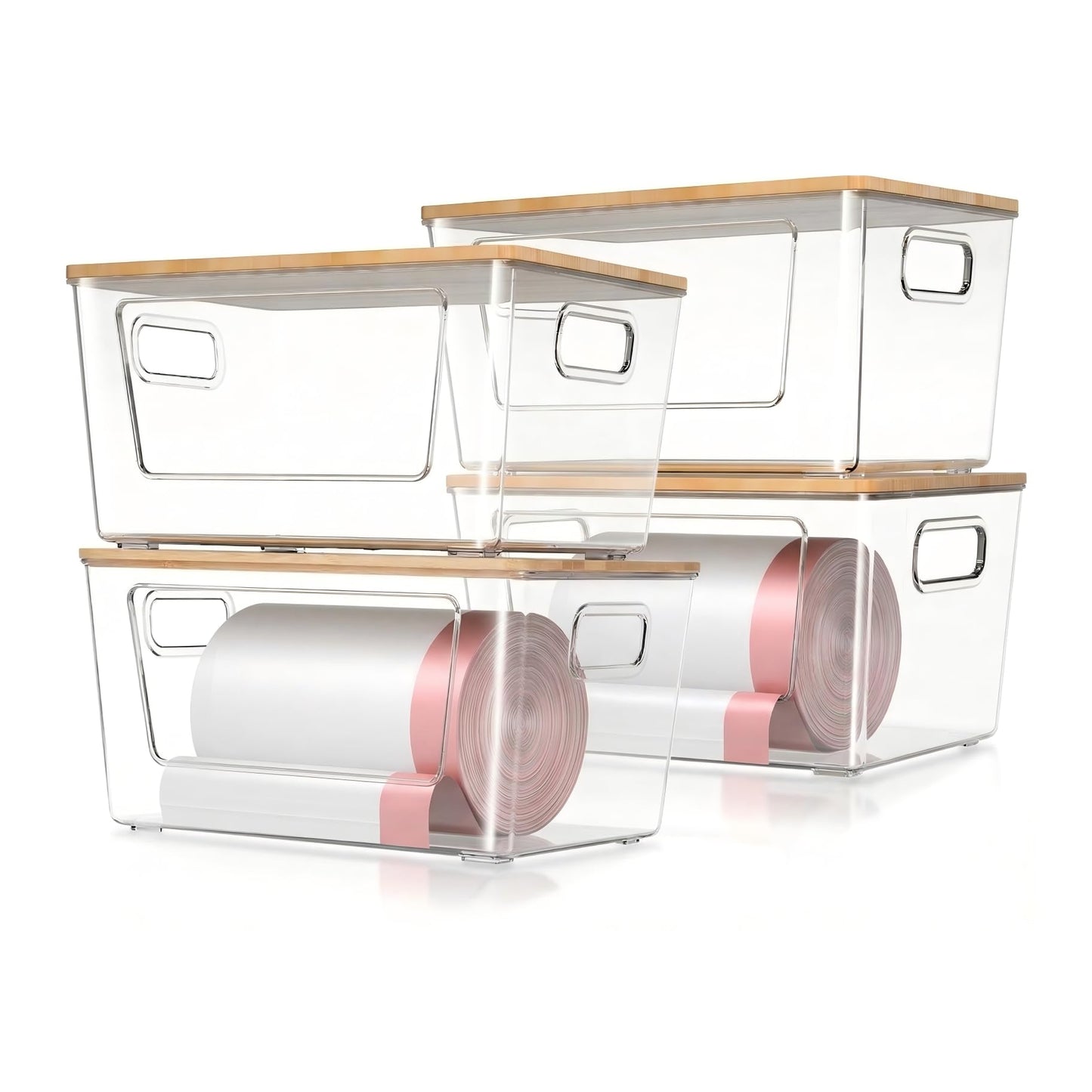 spospo 4 Pack Trash Bag Holder with Bamboo Lid, Stackable Trashbag Dispenser, Extra Large Garbage Bag Holder for Kitchen Laundry Room Under Sink Organization and Storage