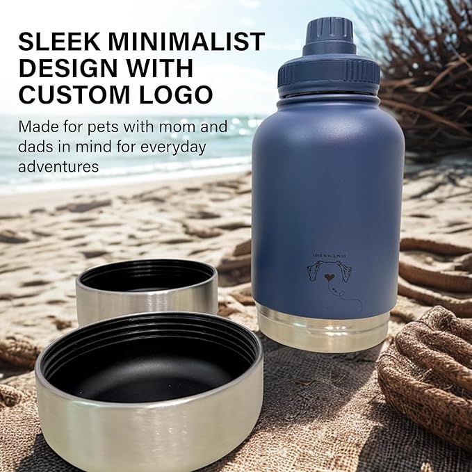 Love Wag & Play Dog Water Bottle Portable – 2 in 1 Stainless Steel Bowl for Food, Water – Leakproof Portable Water Bowl for Dog with Carry Loop – Detachable Design – Ideal for Kibble, Treats – Beige