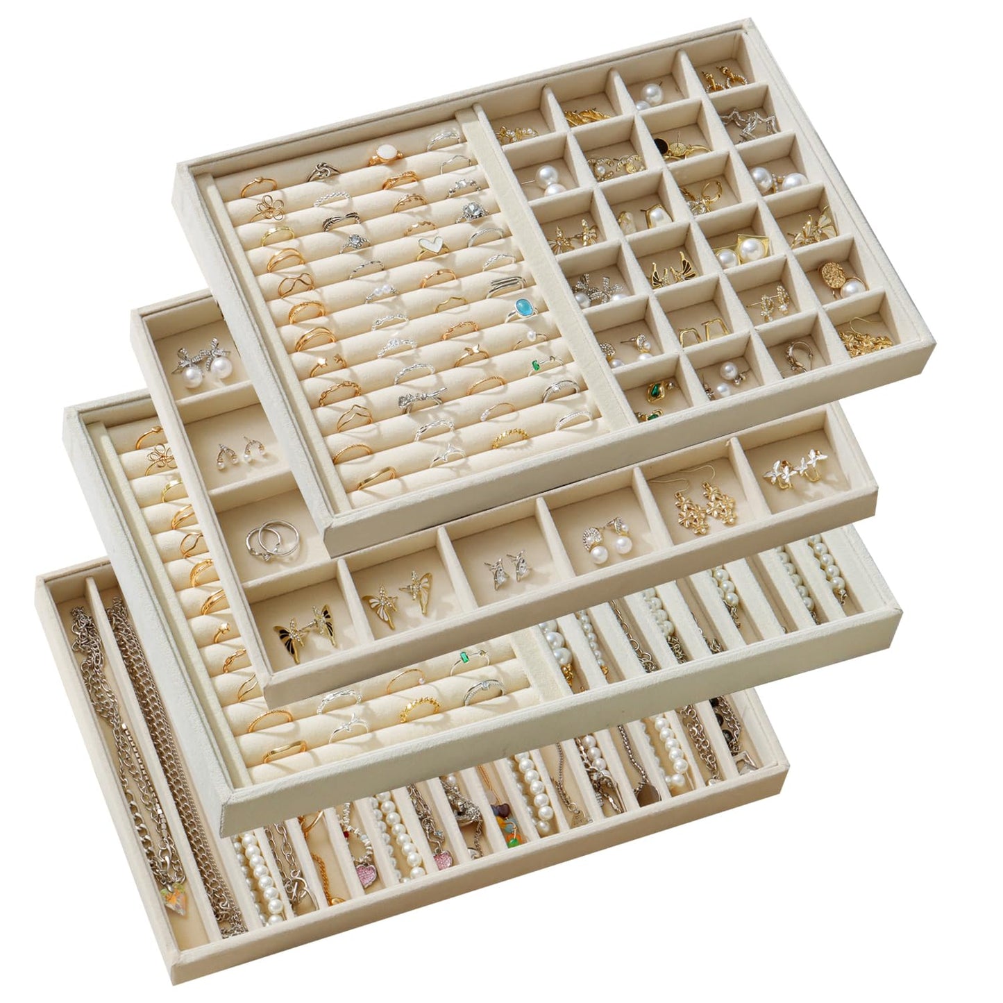 KATISYIO Large Jewelry Drawer Organizer Trays Set of 4, Stackable Velvet Jewelry Trays Organizer Holder Display Storage Showcase for Earring Necklace Bracelet Ring Accessary (Beige, R1+R2+16+24 Grids)