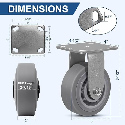 5"x2" Rubber Wheels (Flat Tread)- Heavy Duty Casters, Industrial Caster Wheels- Set of 4 with up to 3200 LB Capacity- Use for Dollies, Workbench(4 Rigid)