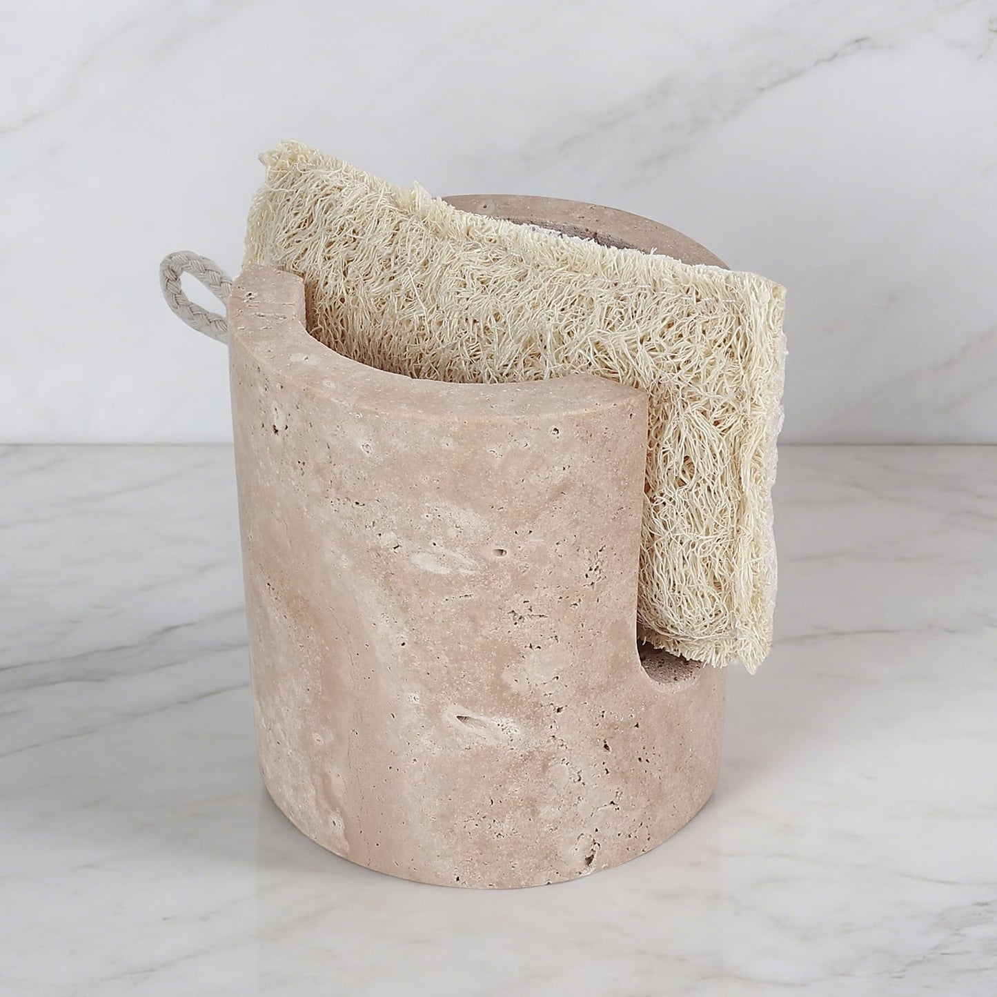 Natural Travertine Sponge Holder for Kitchen Sink Counter w A Plant-Based Kitchen Sponge, Fast Drying, Durable, Compact, Wabi-Sabi & Unique Sponge Caddy, Sink Organizer, Beige Travertine Home Decor