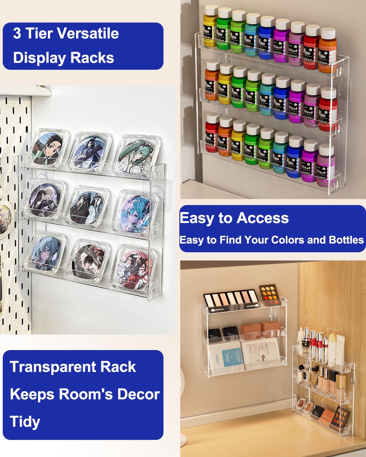 Cocheetah 3 Tier Display Rack, Clear Paint Rack Wall-Mount (No Drill), Acrylic Craft Paint Storage Organizer, Miniature Holder for 2oz Bottle, Nail Polish Organizer, Badges, Mini Figures (1)