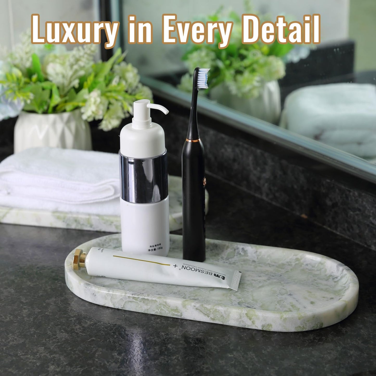 Koville African Natural Marble Tray, 12"x6" Vanity Decorative Tray for Countertop Organizer, Catchall Tray for Perfume, Candles, Jewelry Dish