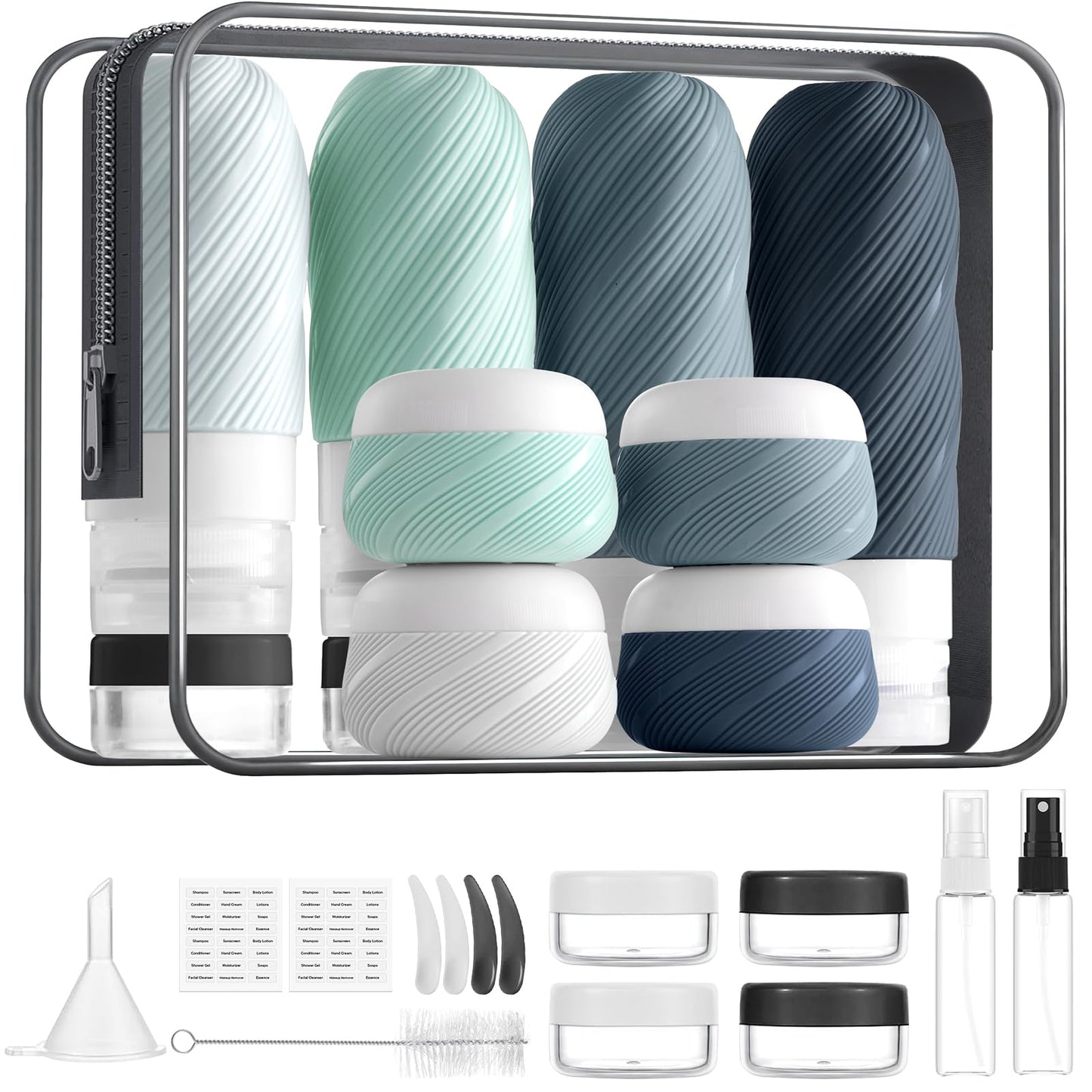23 Pack TSA Approved Travel Bottles for Toiletries, Leak Proof Refillable Travel Size Containers Kit with Silicone Squeezable Bottles Jars for Shampoo Lotion Conditioner, in Clear Bag, Gray