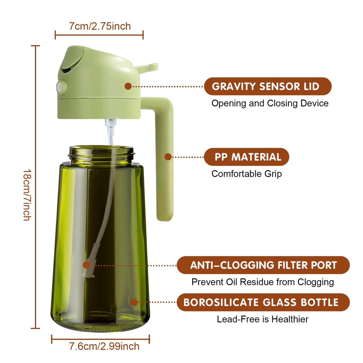YARRAMATE 2PCS 16oz/470ml Oil Sprayer for Cooking with Stickers, Food-Grade 2 in 1 Olive Oil Dispenser Bottle for Kitchen, Premium Dark Green Glass Oil Bottle for Air Fryer, BBQ (White & Green)