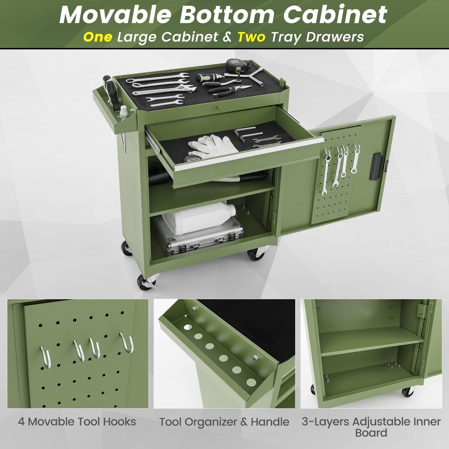 ERGOMASTER 5-Drawer Rolling Tool Cabinet with Detachable Top Toolbox, Lockable Wheels, Lock Bar, Protective Liner & Tool Rack, Metal Tool Storage Cart for Garage Workshop-Green