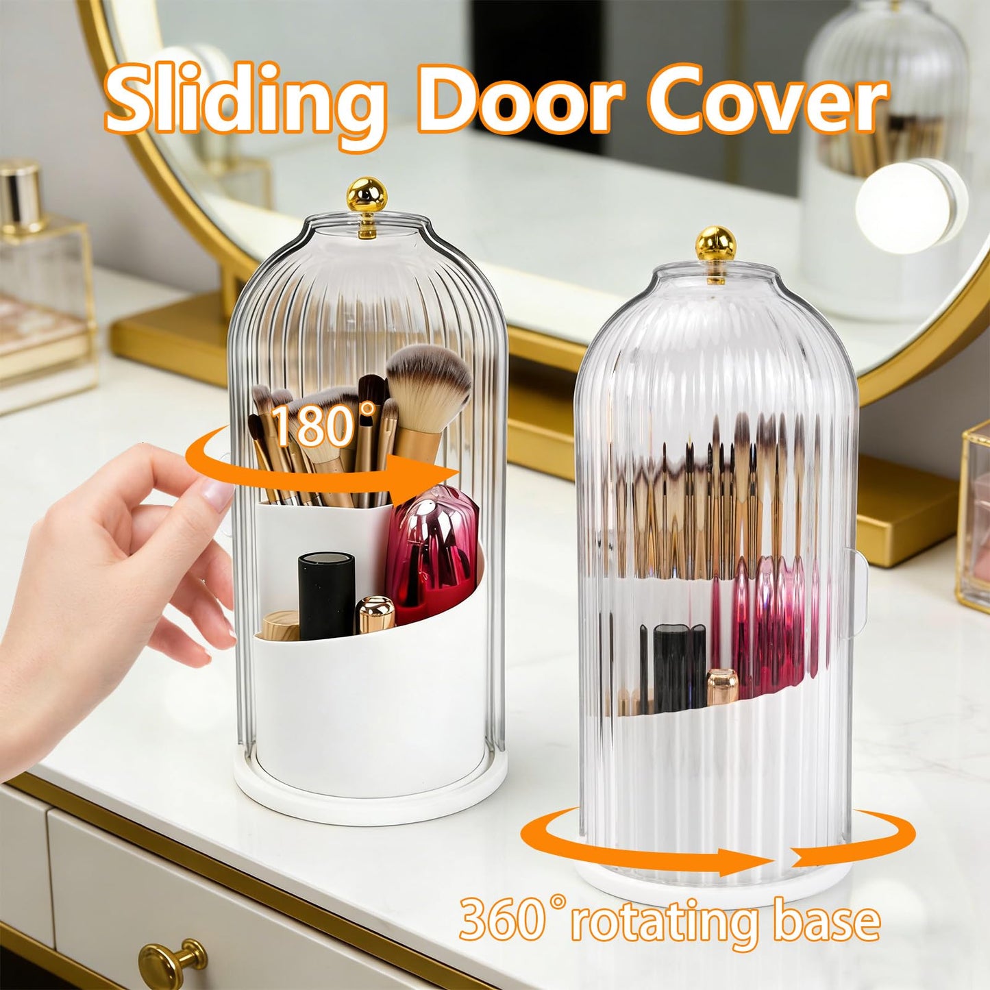 Zoyiancy Makeup Brush Holder with Lid, 360 Rotating Waterproof Dustproof Beauty Brushes Storage, Skincare Cosmetic Tools Storage Organizer for Vanity Desktop Bathroom Countertop（Transparent）