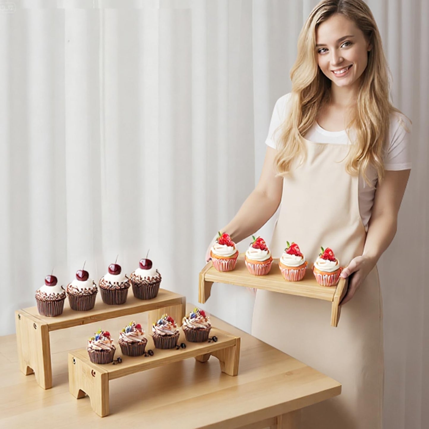 3 Tier Natural Bamboo Display Stand Risers, Exquisite Bamboo Organizer Stand for Cupcake, Perfume, Cologne, Figurine, Spice, Candle, Suitable for Table Display, Kitchen, Retail, Home Decor, Easy Installation