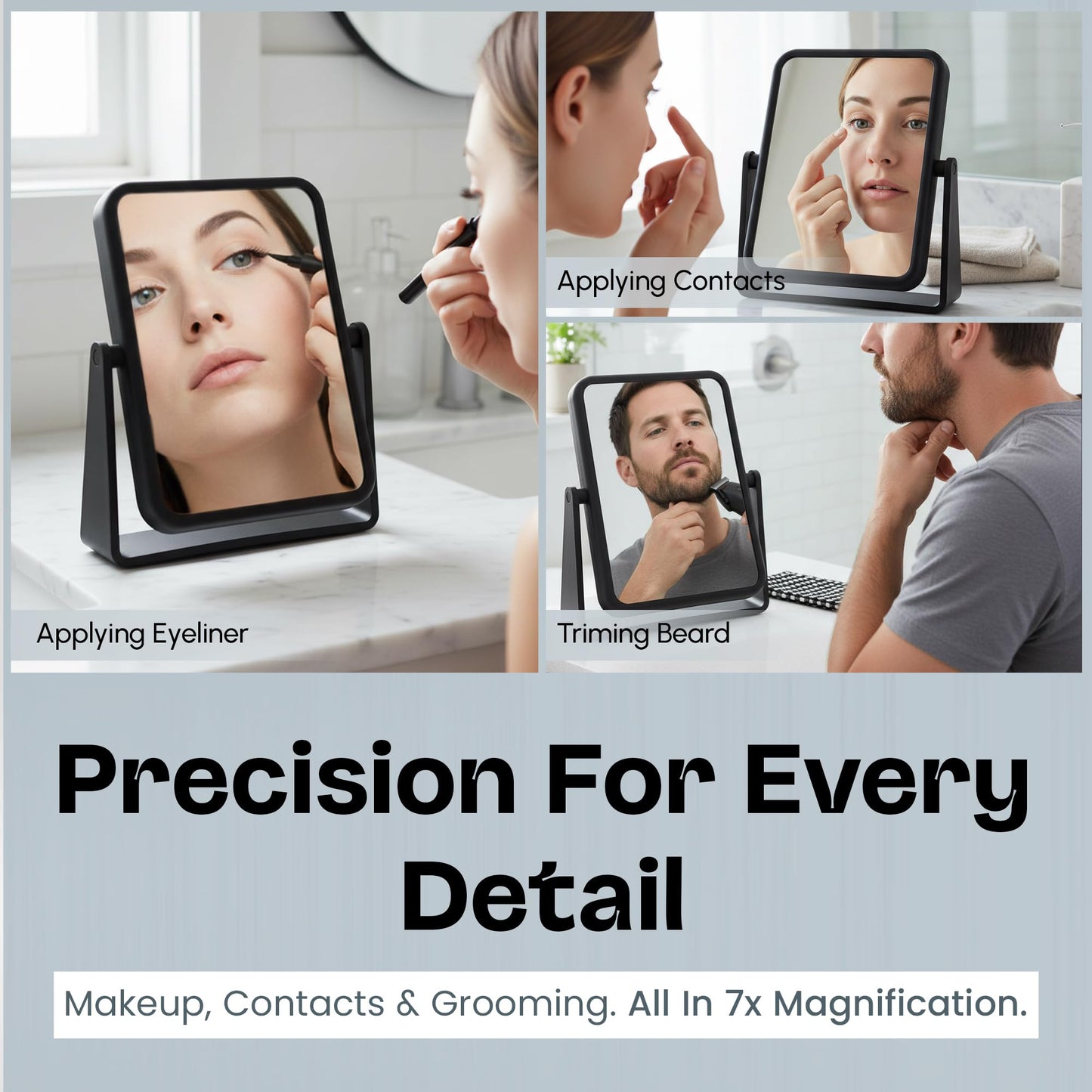 Danielle Creations Rectangle Soft Touch Vanity Mirror, Black, 1x/7x Magnifying Makeup Mirror with Stand, Portable Tabletop Bathroom or Desk Mirror