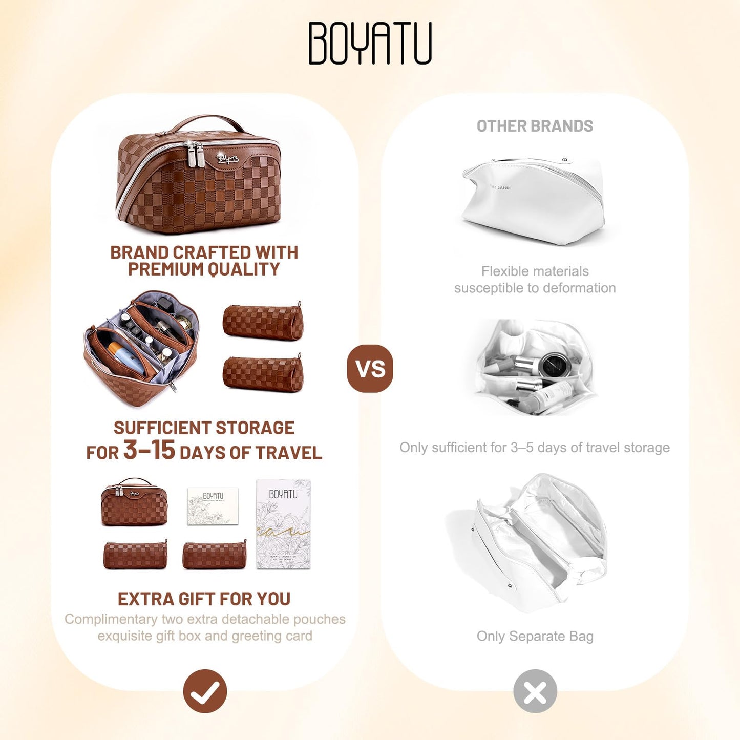 BOYATU Travel Makeup Bag Organizer: 3 Pcs Set Large Capacity Cosmetic Bags Holds 10–20 100ml Full-Size Bottles - 180°Open-Flat Make up Case 3-sec touch-up - Toiletry Bag Gift women (03-A-Coffee)