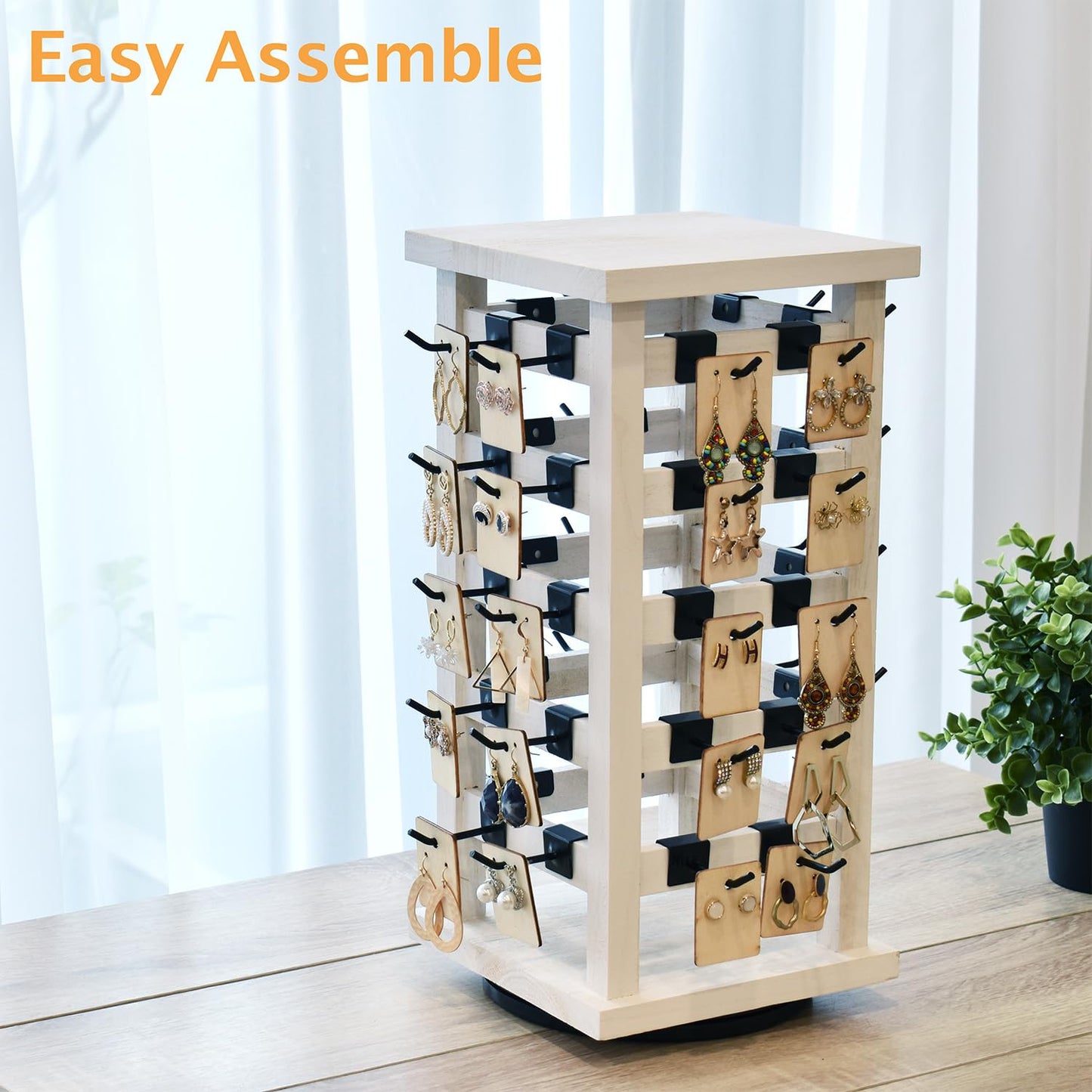 Ikee Design 5 Tiers Easy Assemble Wood Rotating Jewelry Display Tower With 42 Removabl Hooks,Spinning Earring Card Storage Display Stand for Store, Showcase, Tradeshow and Home, Wash White Color