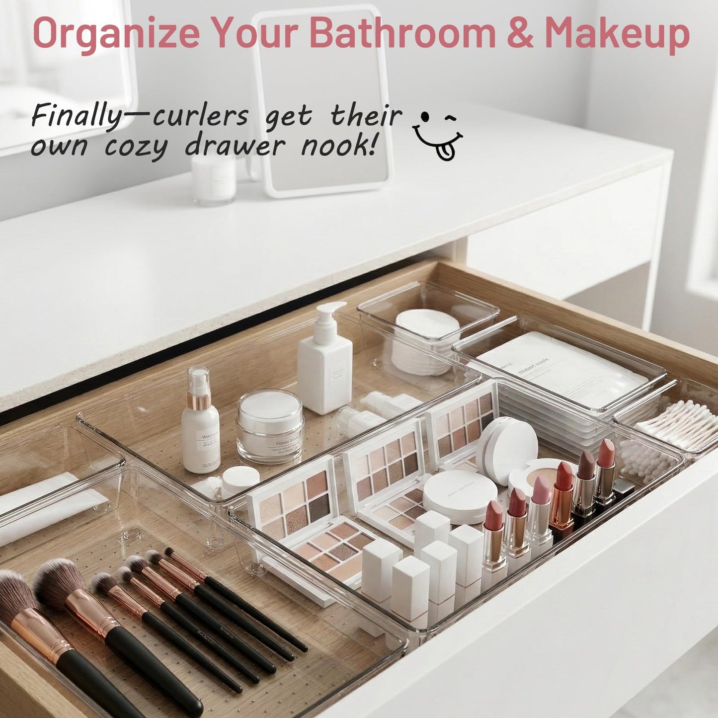 CHOWAY Drawer Organizer, 10 Pack Large Clear Plastic Organizer Bins 5 Sizes, Versatile Bathroom Drawer Trays, Heavy Duty Non‑Slip Drawer Dividers for Makeup, Office & Kitchen Utensils