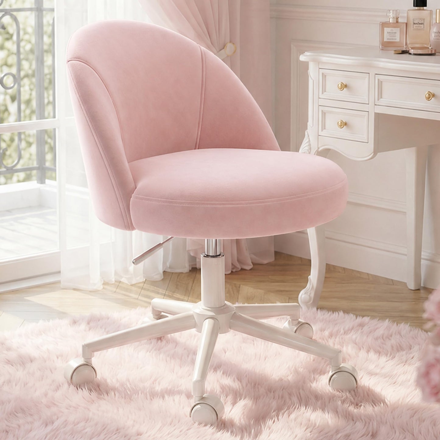 EnHomee Vanity Chair with Wheels, Pink Desk Chair with Back, Small Office Chair Armless for Makeup Room, Bedroom, Home Office