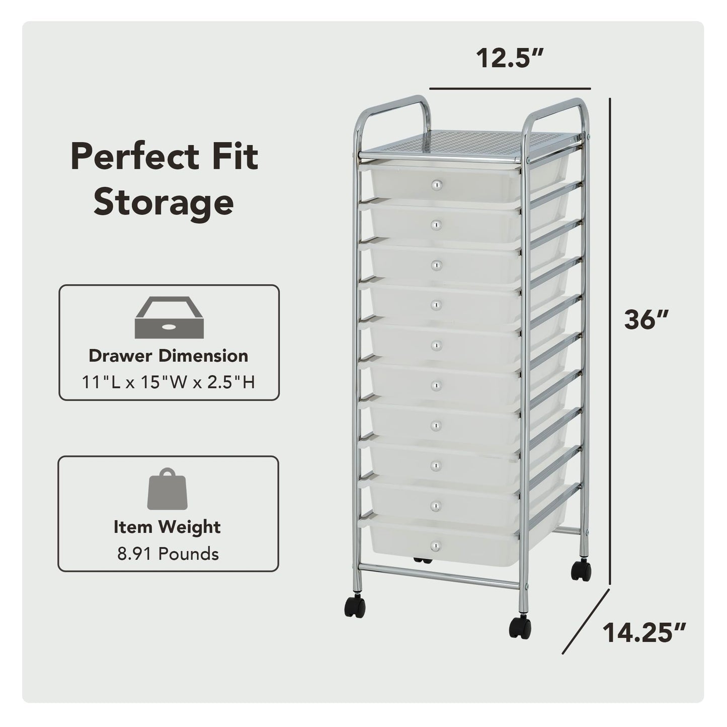 Display By Jack Rolling Storage Cart 10 Drawer Organizer with White Drawers, Slim 36" Chrome Frame, Locking Wheels, and Top Shelf for Office, Classroom, Bathroom, or Craft Storage