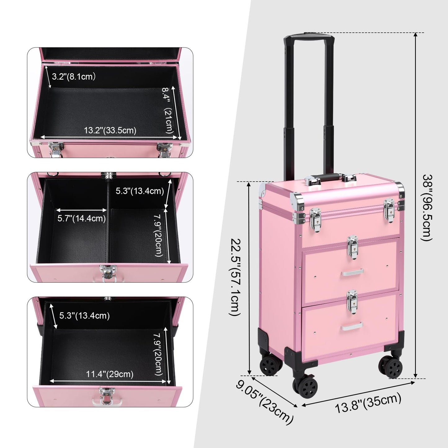 3 in 1 Rolling Makeup Case, Professional Cosmetology Case on Wheels, Detachable Clear Makeup Bag & Nail Polish Organizer, Portable Makeup Trolley with Drawers for Makeup Artists & Nail Technicians