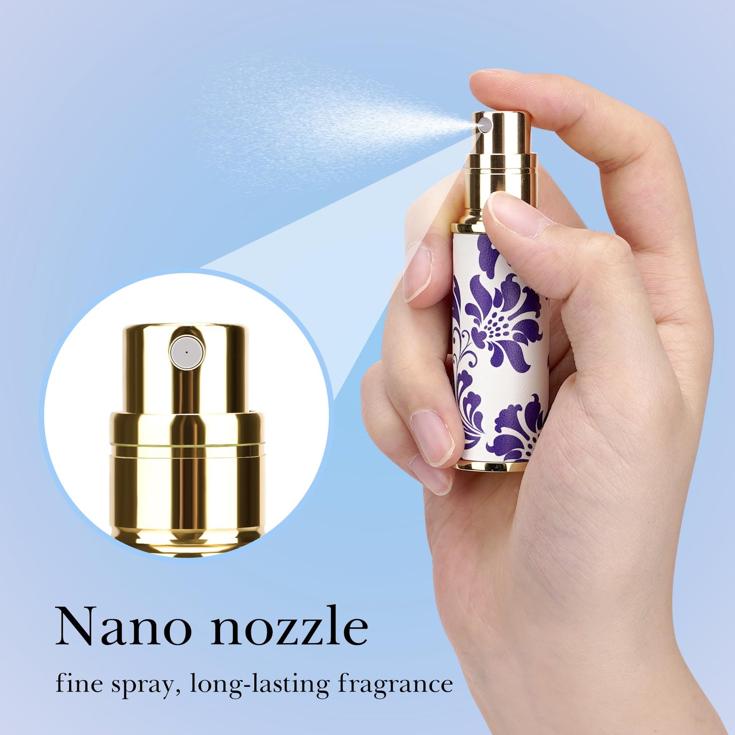LUEXBOX Portable Perfume Bottle for Travel, Mini Refillable Perfume Dispenser, 5ml Faux Leather Leak Proof Perfume Atomizers, Blue and White Bottles Sprayer for Pocket Perfume (Blue flower)