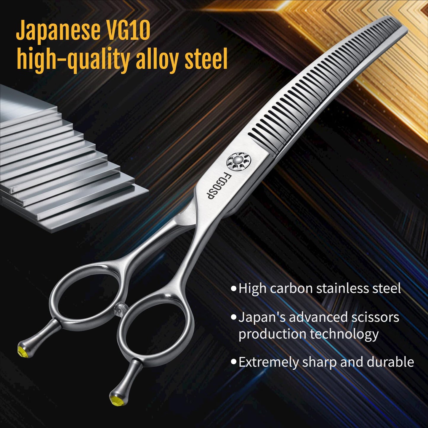 FOGOSP Professional 3D Curved Chunkers Dog Grooming Scissors 7.5'' Curved Thinning Shears for Dogs Pet 48 Teeth Japan VG10 Sharp and Durable