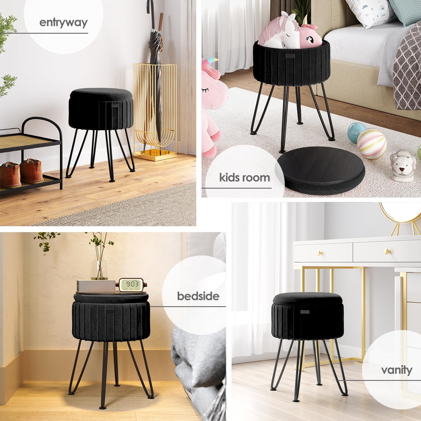 STORAGEBUD Round Ottoman with Storage, Pleated Velvet Storage Ottoman, Foot Stool Ottomans, Makeup Vanity Stool, Small Ottomans Foot Rest, Modern Vanity Stools for Living Room and Bedroom, Black
