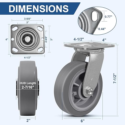 6"x2" Rubber Wheels (Flat Tread)- Heavy Duty Casters, Industrial Caster Wheels- Set of 4 with up to 4000 LB Capacity- Use for Dollies, Workbench(4 Swivel)