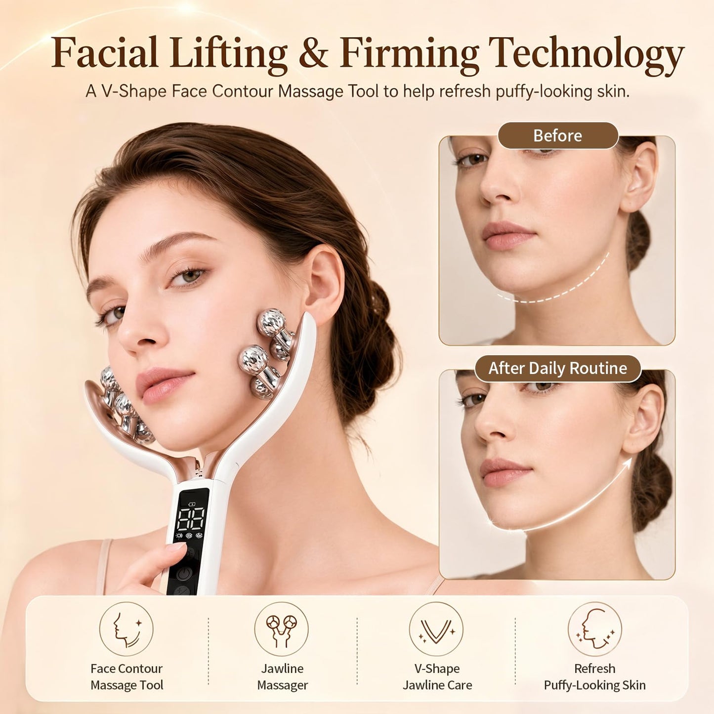 SZMDLX Wireless Face Massager Tool, 8-Roller 3D Face Roller for Women, LED Facial Massager,V-Shape Face Sculpting Tool for Jawline, 6 Light & Vibration Modes, USB-C Rechargeable