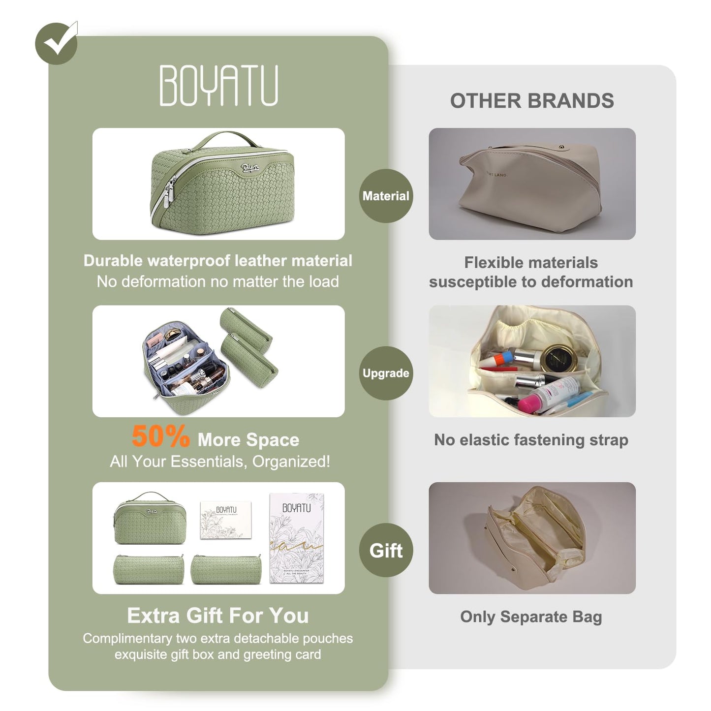 BOYATU Travel Makeup Bag Cosmetic Bags for Women: Large Capacity 3 Pcs Set Make up Bag with Compartments - Waterproof Vegan Leather Toiletry Organizer Bags with Handle (L51Grass Green)
