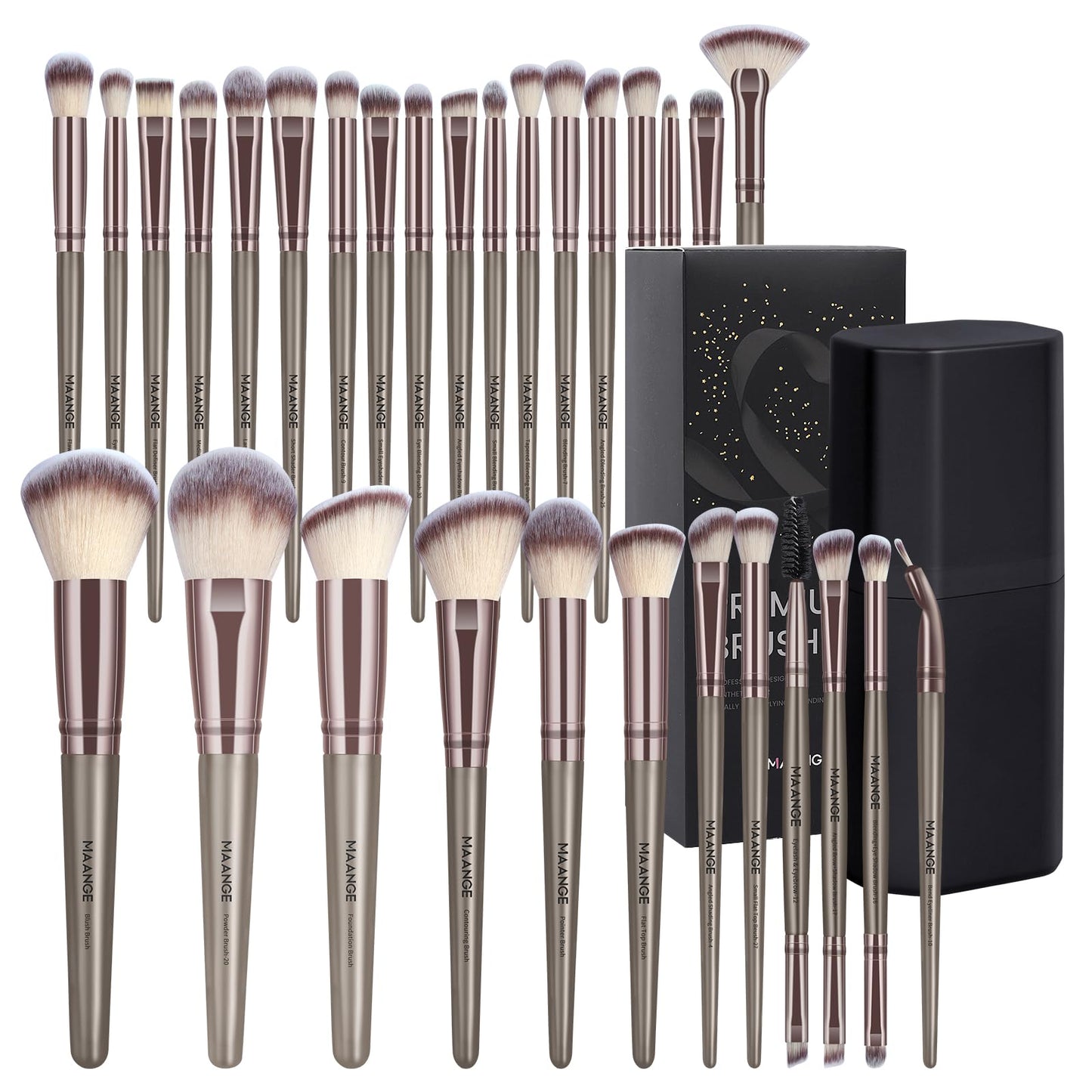MAANGE 30Pcs Professional Makeup Brush Set with Case – Premium Synthetic Brushes for Foundation, Powder, Blush, Eyeshadow & Blending,Champagne