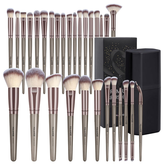 MAANGE 30Pcs Professional Makeup Brush Set with Case – Premium Synthetic Brushes for Foundation, Powder, Blush, Eyeshadow & Blending,Champagne