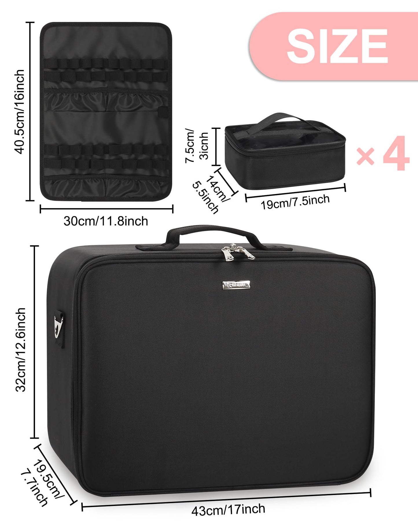Relavel Extra Large Makeup Case and Clear Makeup Bag, Professional Cosmetic Storage Organizer Box Brush Holder with 4 Clear Set Bags & Lipstick Plate for Makeup Artists with Adjustable Dividers, Black