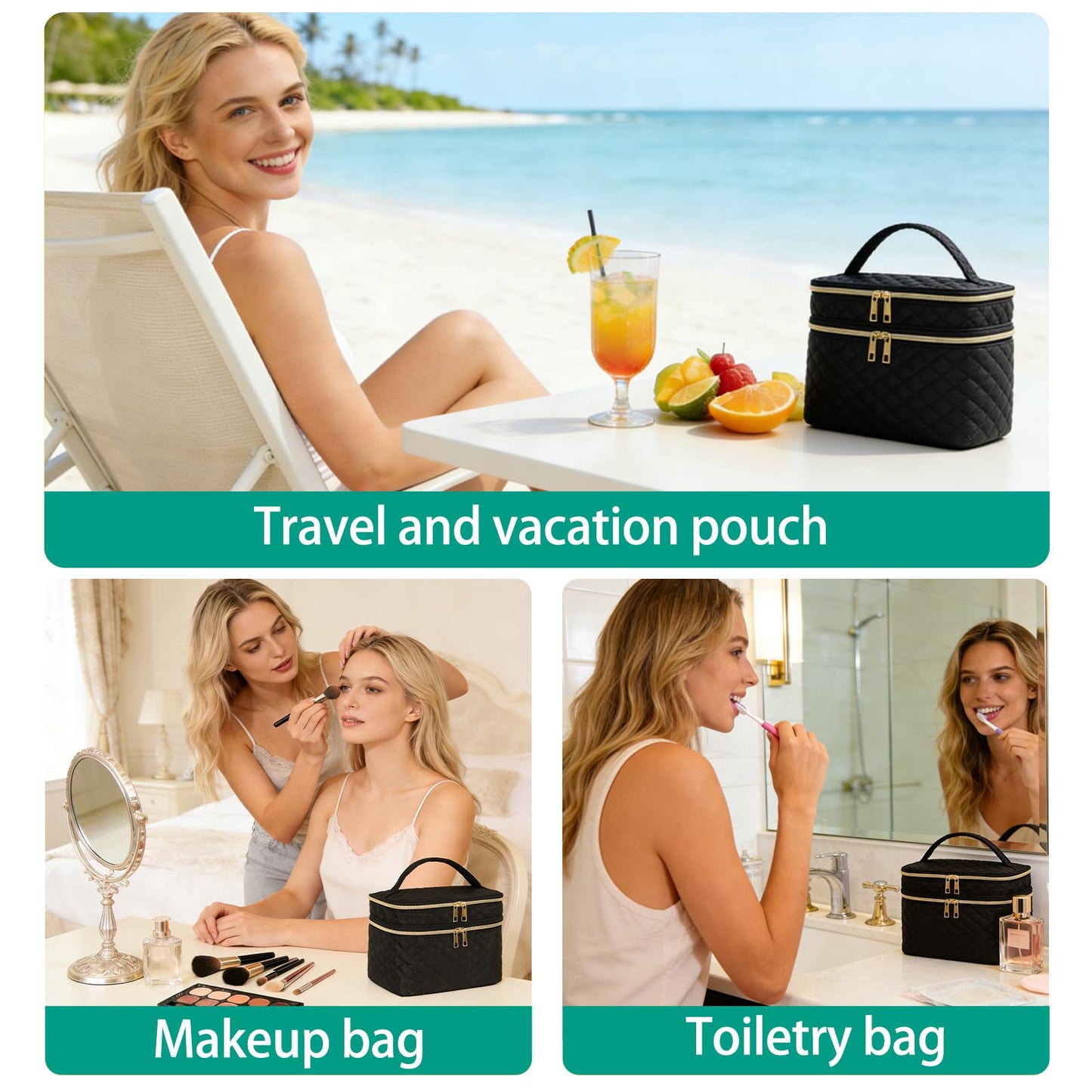 Apxouans Travel Makeup Bag for Women Double Layer Large Cosmetic Case Water-resistant Toiletry Bag Organizer for Store Toiletries Cosmetic Accessories and Manicure Sets Black