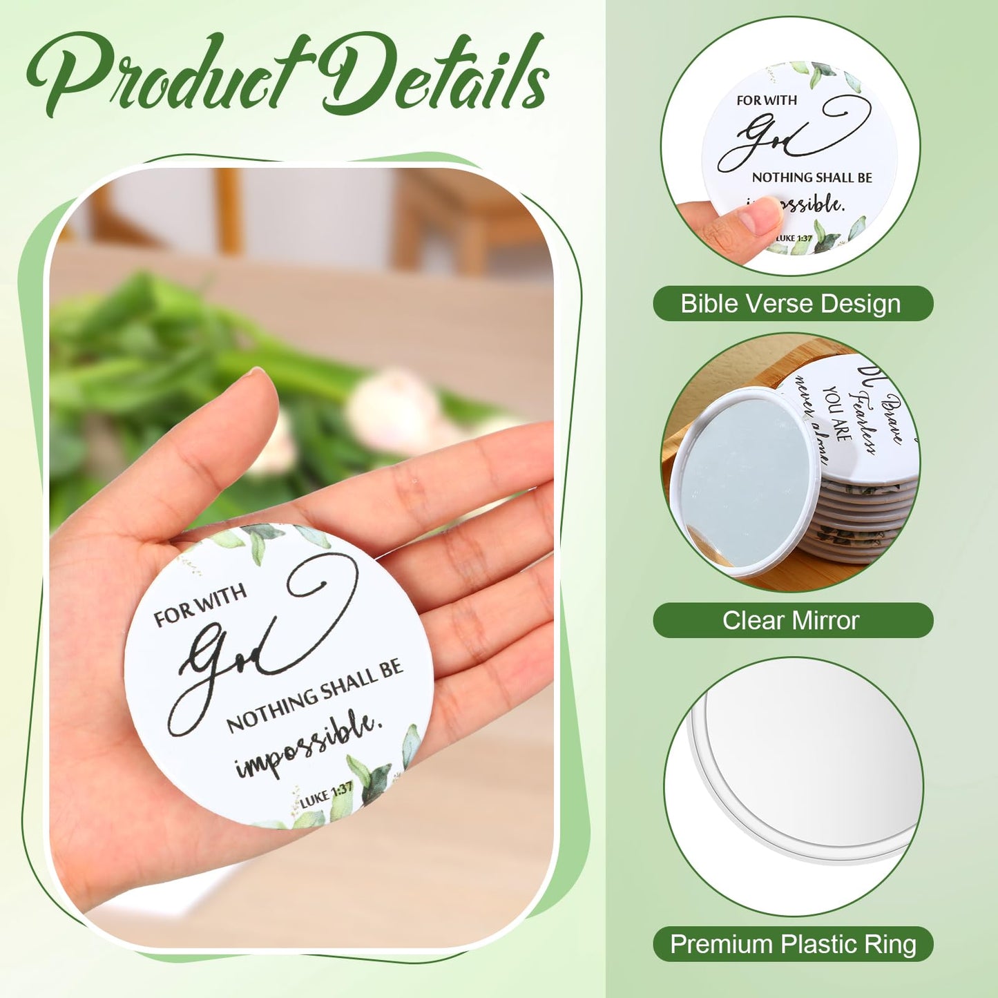 GlikCeil 36 Pcs Christian Compact Mirror Bulk for Women Inspirational Bible Verse Pocket Mirrors Mini Purse Makeup Mirror Christian Church Gift for Women VBS Church Party Favors