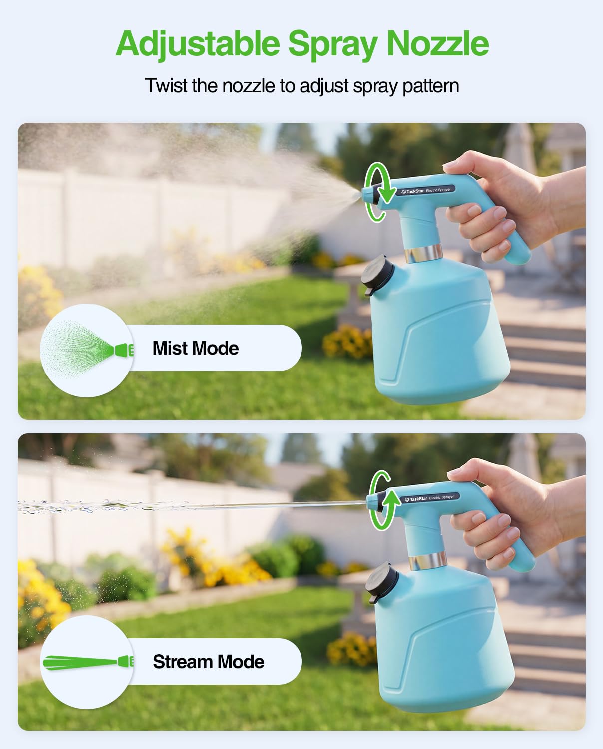 TaskStar Electric Spray Bottle 2L/0.5 Gallon, Battery Powered Garden Sprayer, Rechargeable and Automatic Mister Spray Bottle for Plants with Independent Water Inlet, Outdoor and Indoor Plants Sprayer