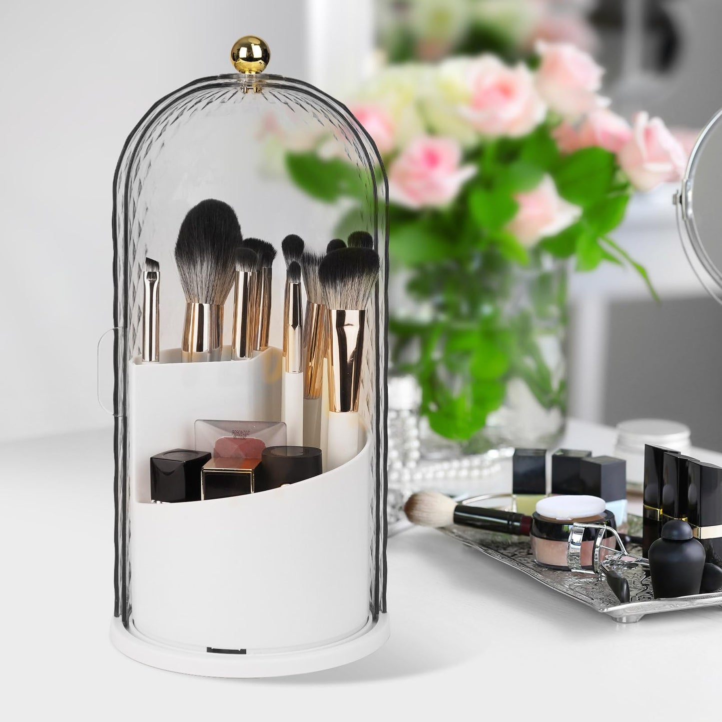 QIYVLOS Toothbrush Holders with Sliding Lid, Rotating 3 Slots Bathroom Organizer Countertop, Tooth Brush Toothpaste Holder Bathroom Counter Stand Caddy for Vanity Makeup Brushes Holder (White)