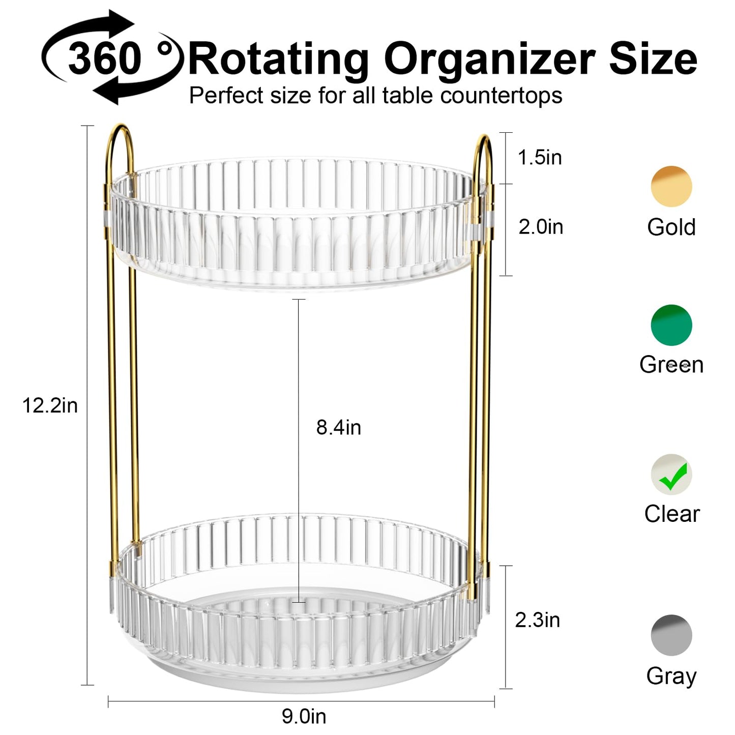 GTI 360°Rotating Makeup Organizer, 2 Tier Bathroom Counter Organizer,Large Capacity Perfume Cosmetics Skincare Vanity Organizers, Dresser Spinning Countertop Organizer and Storage for Women (Clear)