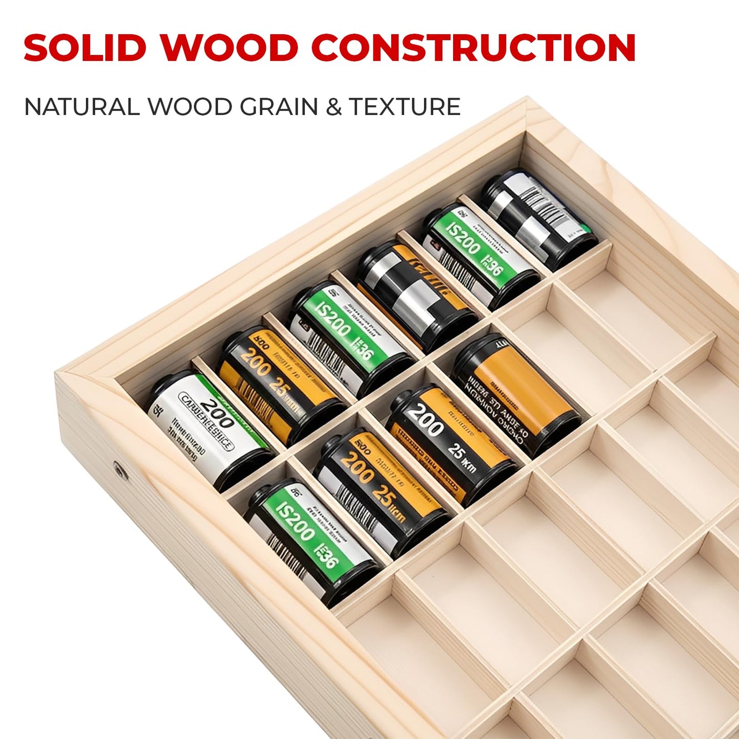 pssped 135 Film Storage Case Compatible with Kodak 135mm Film – Solid Wood Box for 30 Rolls of 35mm Film, Wooden Display & Storage Container with Transparent Lid