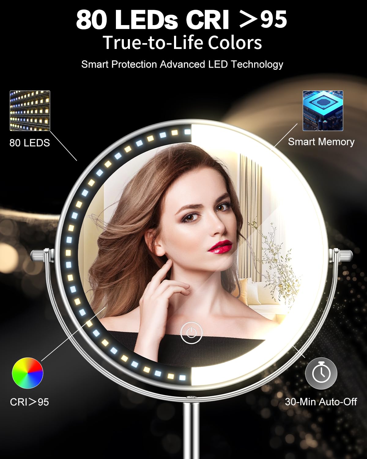 VFD 30X/1X Makeup Mirror with Lights, Height Adjustable Lighted Magnifying Vanity Mirror with 3 Lighting and Adjustable Brightness, 3000mAh Rechargeable Double Sided Switch