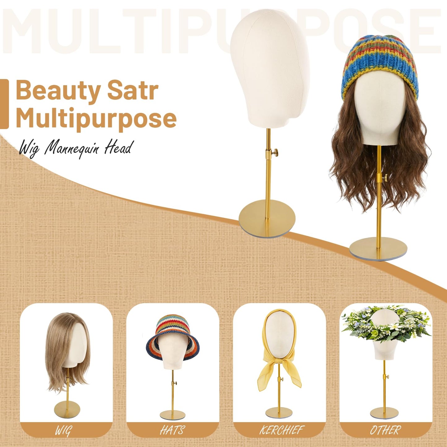Beauty Star Wig Stand, 22inch Mannequin Head for Wig with Detachable Retractable pole, Canvas Block Wig Head Holder Rack Ideal for Hair Styling, Display Hats, Wig Making, Headdress, Height 18-23Inches