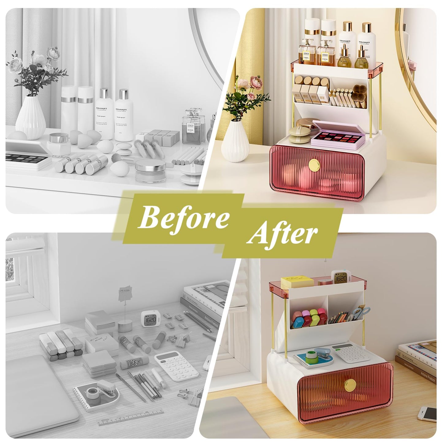 FOLLOWIN Bathroom Organizers and Storage with Drawer, Vanity Storage Organizer with Makeup Brushes Holder, Perfume Lotion Cosmetic Organizer, Blush Pink