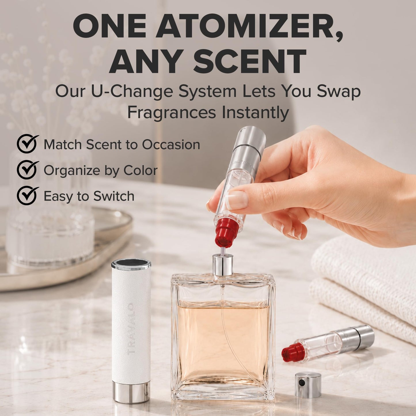 Travalo Walzer Refillable Perfume Atomizer - Pocket-Size, Leak-Proof, Glass-Free Spray Bottle Safe for Air Travel - Mini Perfume Bottle with White Leather Cover