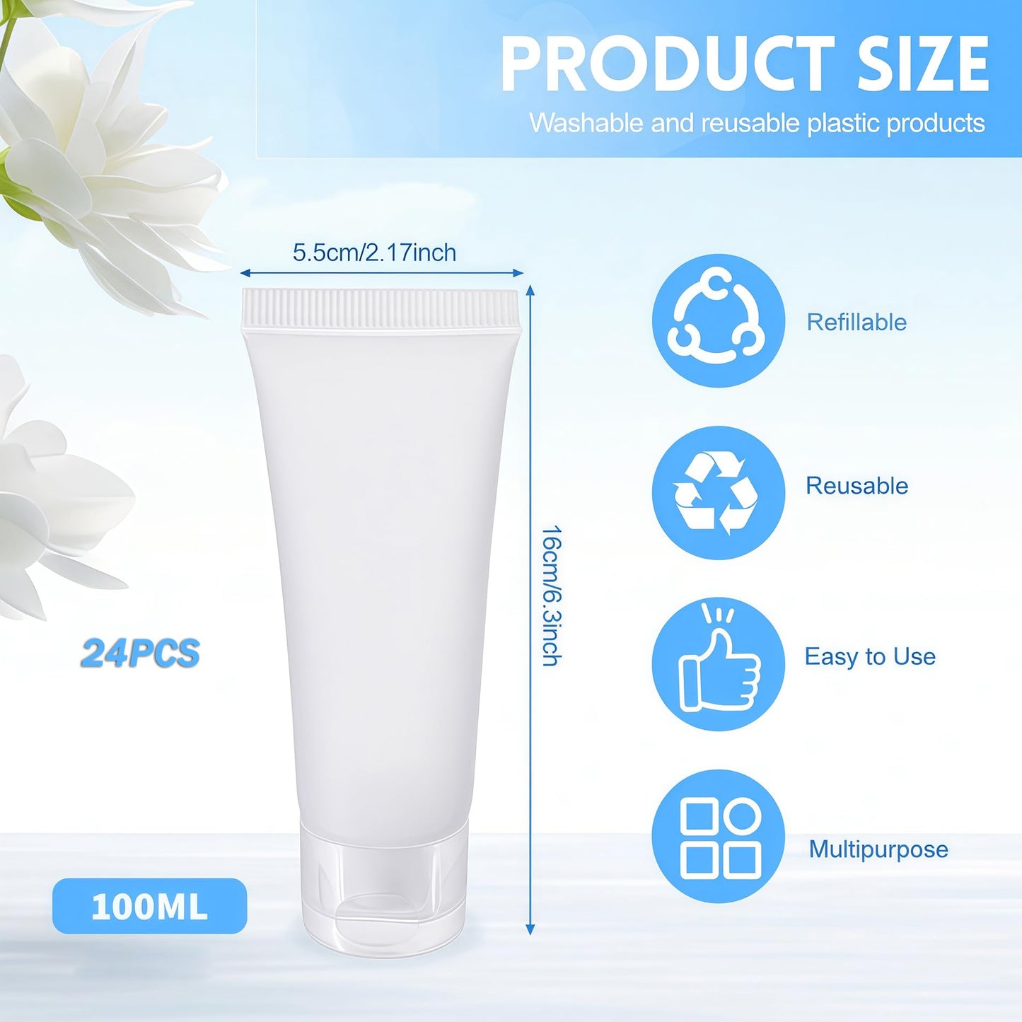 QUUPY 24Pcs 100ml/3.4oz Empty Refillable Plastic Squeeze Cosmetic Soft Tube Vial Bottles with Flip Cover Makeup Travel Sample Packing Storage Toiletries Container for Facial Cleaner Body Lotion