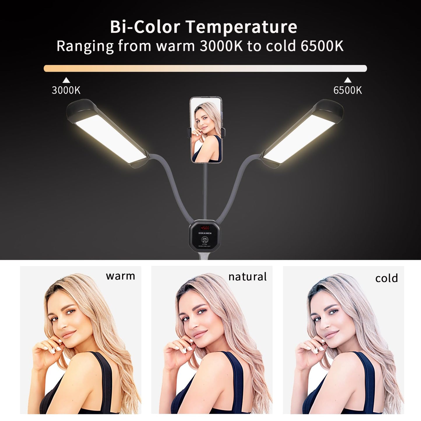 GSKAIWEN 50W Dimmable LED Video Light with Tripod Bag Photography Lighting Kit for Makeup Artist, Lash Lamp,Beauty Light Eyebrow Tattoo Lamp Studio Video Photographic, Double Arm Light