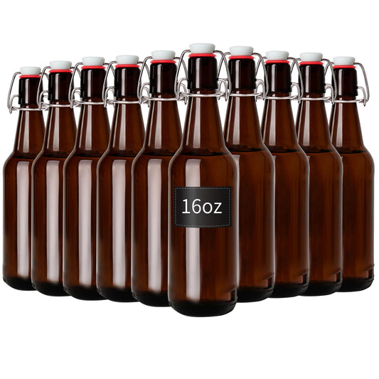 Zelomithe 16oz Amber Glass Bottles with Airtight Rubber Seal Flip Caps (10 Pack),Swing Top Glass Bottles for Home Brewing, Kombucha, Beverages, Oil, Vinegar, Vanilla Extract,Water, Soda, Kefir