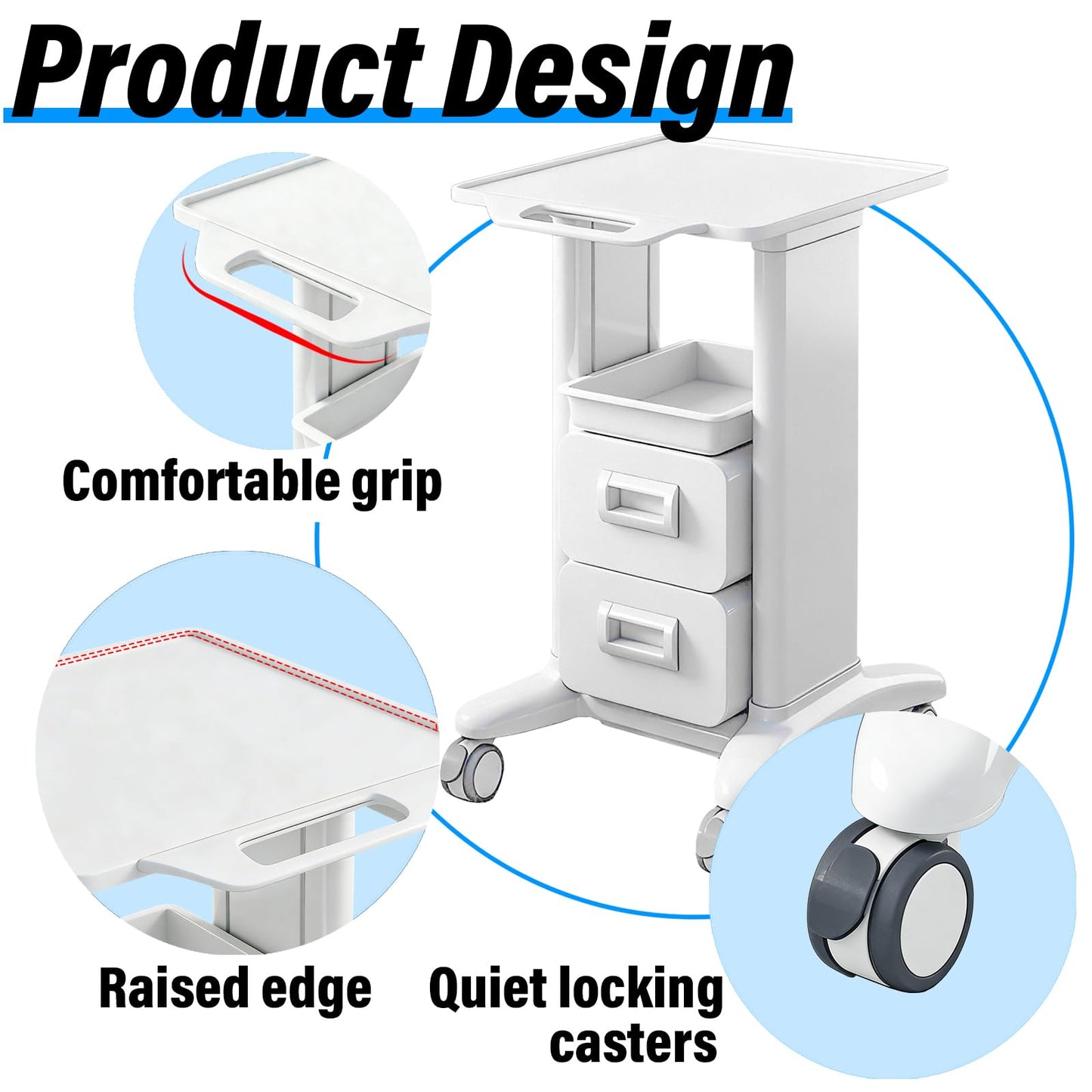 Medical Trolley Cart Mobile with Drawers, Hospital Ultrasound Cart with 4 Silent Swivel Wheels, Portable Medical Trolley Carts, 225 LBS Load, for Beauty, Salon, Clinic and Lab (White, Double Drawer)